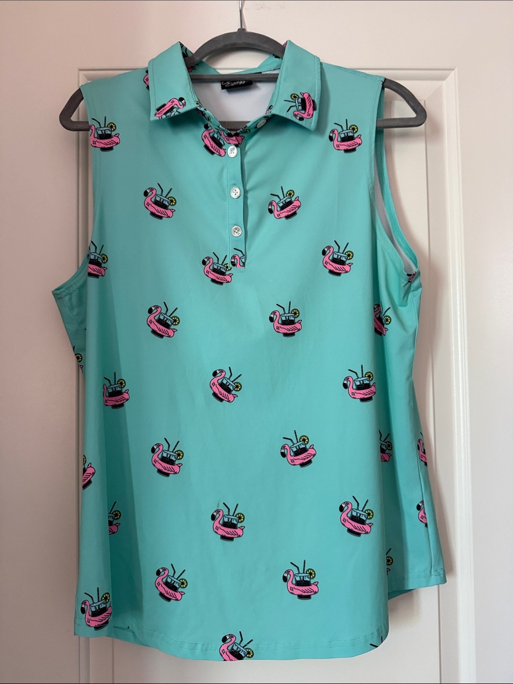 Sunday Swagger Sleeveless Mint Polo Tank with Pink Flamingo Float Motif